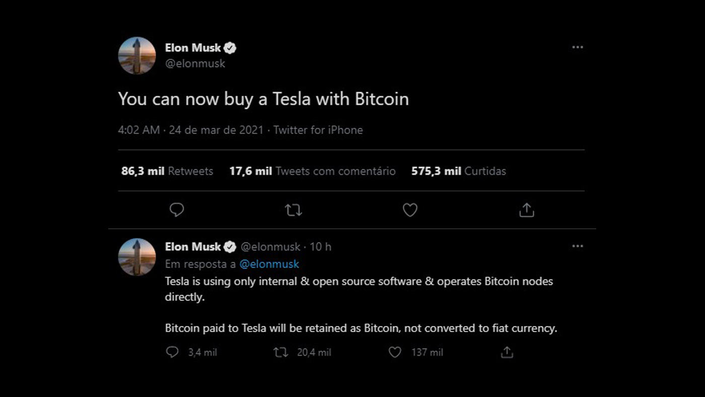 Tesla suspende compra de veículos com pagamento em Bitcoin, diz Elon Musk