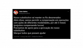 Informação compartilhada no Twitter do deputado Celso Sabino. Créditos: Reprodução/Twitter