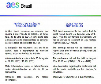 Anúncio Período de Silêncio AES Brasil. Créditos: Reprodução/AES Brasil