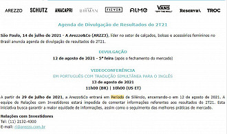 Anúncio de divulgação de resultados e Período de Silêncio da Arezzo&Co. Créditos: Reprodução/Arezzo