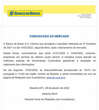 Comunicado do Banco do Brasil. Créditos: Reprodução/BB