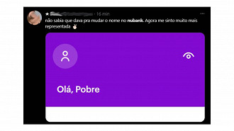 Brincadeiras com a troca de nome disponível no app do Nubank. Créditos: Reprodução/Twitter