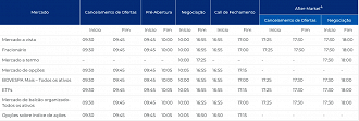 Tabela de novos horários da B3. Créditos: Reprodução/B3