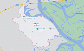 Mapa do território de Chernobyl, com o Monument to Those Who Saved the World, monumento construído em homenagem aos bombeiros do acidente. Créditos: Divulgação/Google Maps.