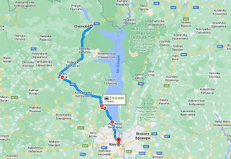 Ligação entre Kiev, capital da Ucrânia, e a cidade Chernobyl. Créditos: Divulgação/Google.