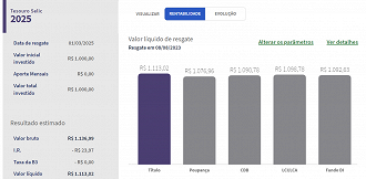 Quanto rende R$ 1.000 no Tesouro Selic com a taxa de 13,75%, em um ano. - Créditos: Reprodução/Simulador Tesouro Nacional