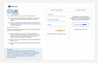 No lado direito da tela aparece a opção de login com o Gov.br. Créditos: Reprodução/Receita Federal