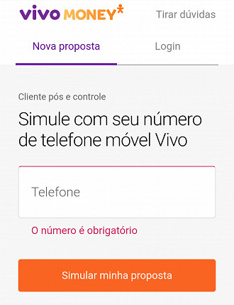 O interessado deve começar a pedir o empréstimo pelo seu número de telefone da Vivo.