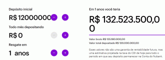 Quanto renderiam os R$ 120 milhões da Mega-Sena no Nubank . - Créditos: Reprodução/Simulador Nubank.