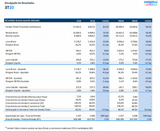 Principais resultados do Magalu no 3T20. Fonte: release divulgado.