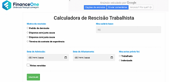 Calculadora de Rescisão da FinanceOne - Reprodução.