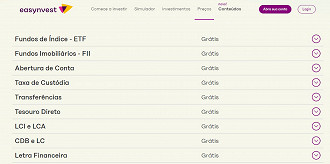 Na página da corretora é possível ver os valores das taxas e preços de cada serviço. Créditos: Reprodução/Easynvest