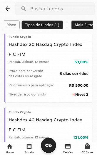 Novos fundos do C6 Bank - Imagem: Aplicativo C6 Bank/Reprodução Poupar Dinheiro.