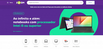 Página inicial do site Zoom. Créditos: Reprodução/Zoom