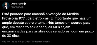 Post feito por Arthur Lira em sua conta no Twitter. Créditos: Reprodução/Twitter