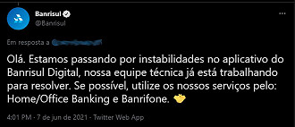 Tweet feito pelo Banrisul em resposta a um cliente. Créditos: Reprodução/Twitter/Banrisul Tweet feito pelo Banrisul em resposta a um cliente. Créditos: Reprodução/Twitter/Banrisul