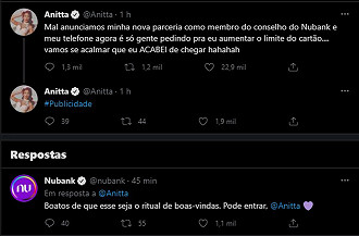 Post feito por Anitta no Twitter e resposta do Nubank. Créditos: Reprodução/Twitter